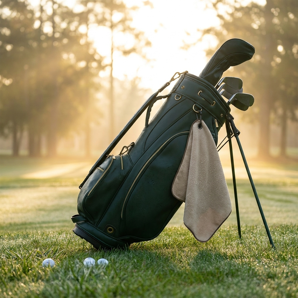 The Range Day Towel — on a golf bag at dawn