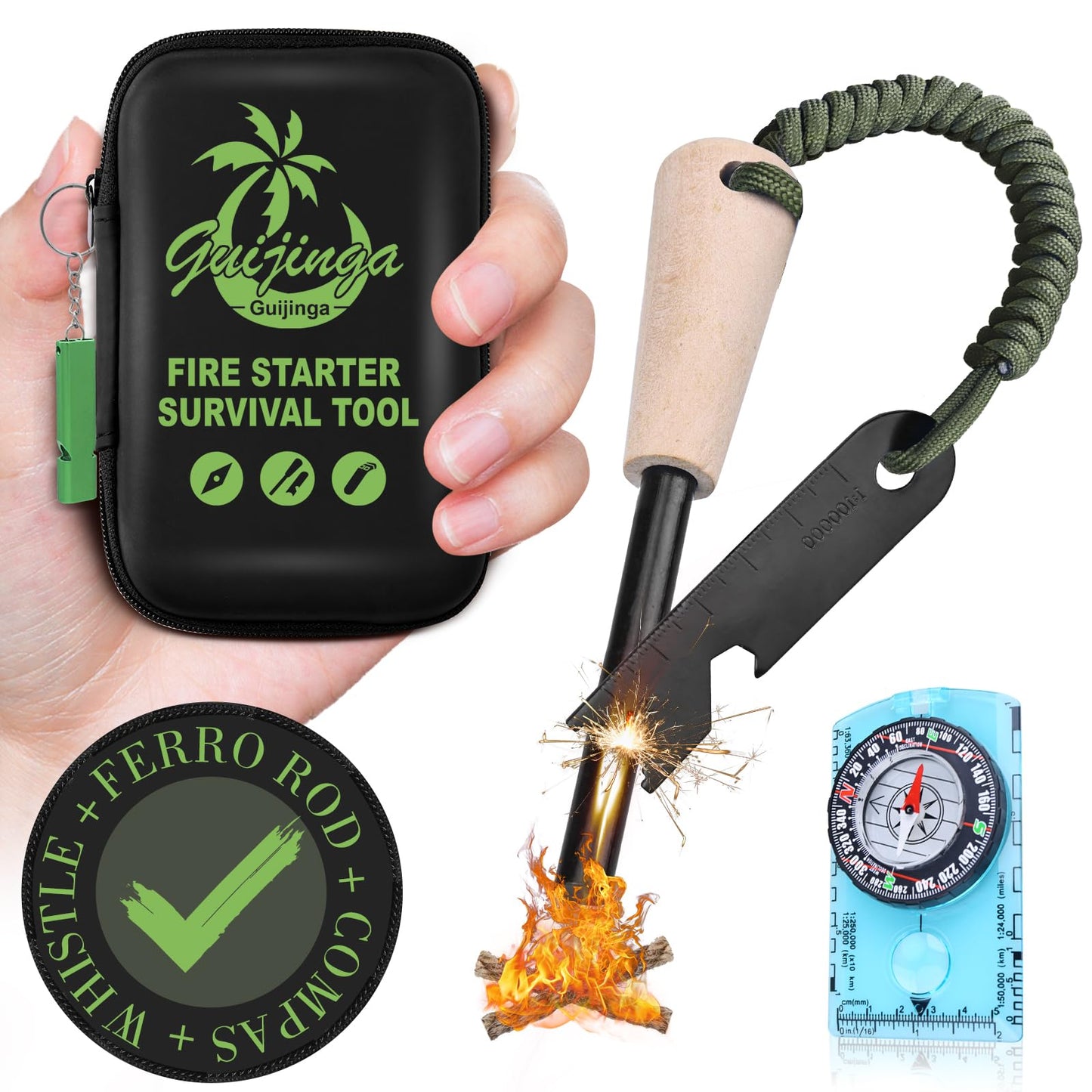 Flint and Steel Fire Starter Kit Outdoor Flint Fire Starter Multifunctional Ferro Rod Fire Starter with Compass Whistle Tinder Rope Suitable for Camping Emergencies
