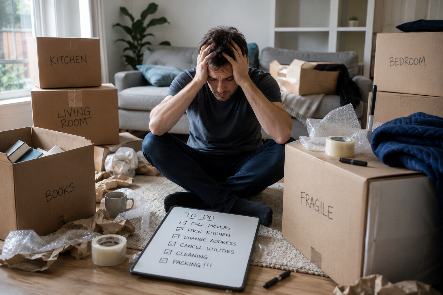 Premier movers in black uniforms carrying furniture into a bright modern home