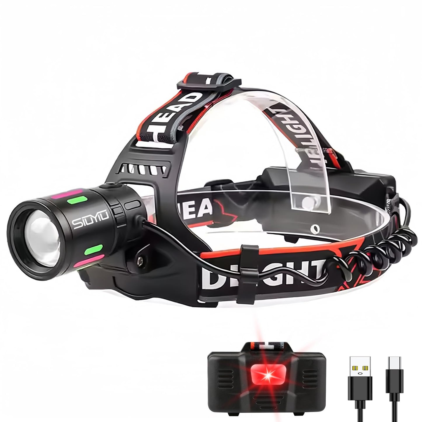 Siuyiu Headlamp 1200 High Lumen LED Headlamp Headlamp Rechargeable 4 Lighting Modes 90° Adjustable Zoom Head lamp IPX4 Waterproof for Outdoor Camping