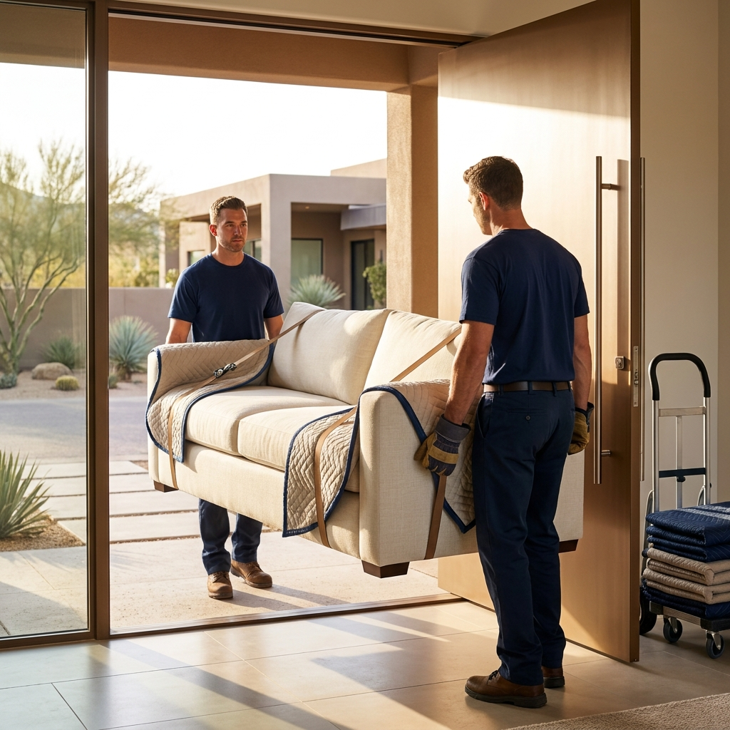 Premier moving crew carrying a protected sofa through the doorway of a Phoenix home