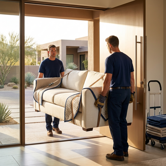 Premier moving crew carrying a protected sofa through the doorway of a Phoenix home