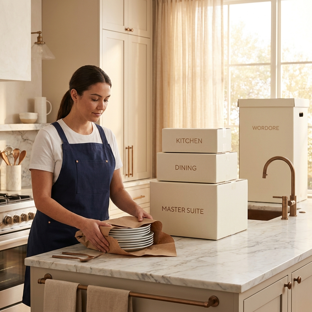 Premier packing specialist wrapping dishware with labeled moving boxes in a Phoenix kitchen