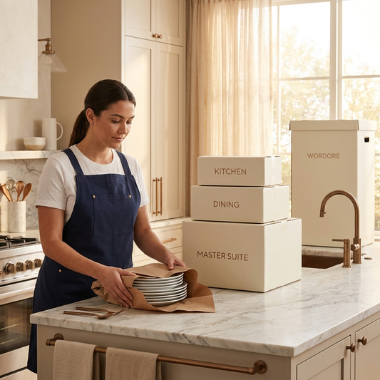 Premier packing specialist wrapping dishware with labeled moving boxes in a Phoenix kitchen