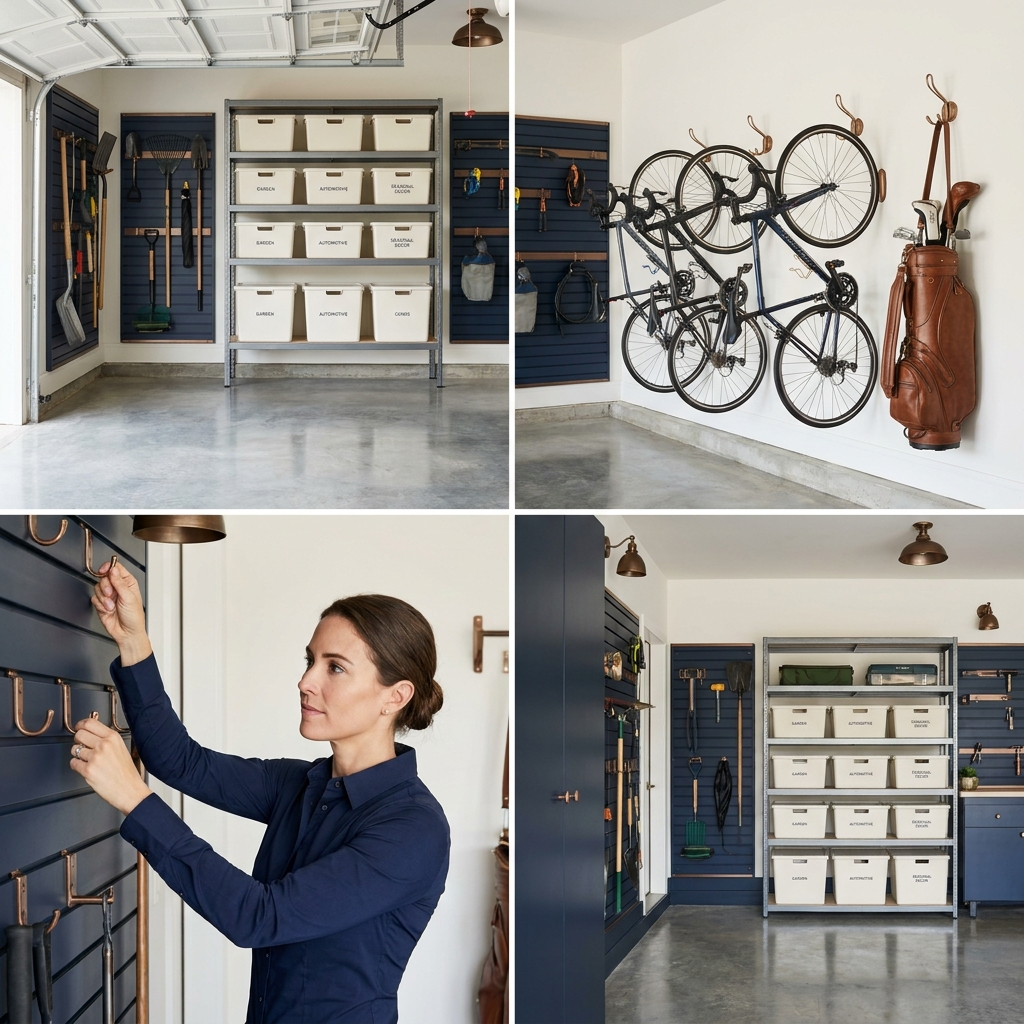 Immaculately organized two-car garage with navy wall systems and labeled bins by Premier