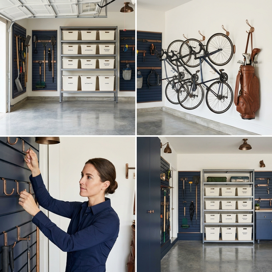 Immaculately organized two-car garage with navy wall systems and labeled bins by Premier