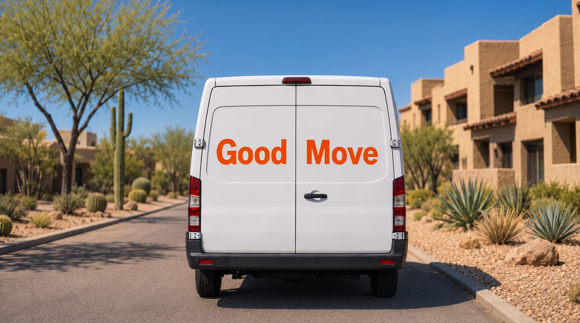 Good Move branded van parked in a Phoenix-area desert neighborhood