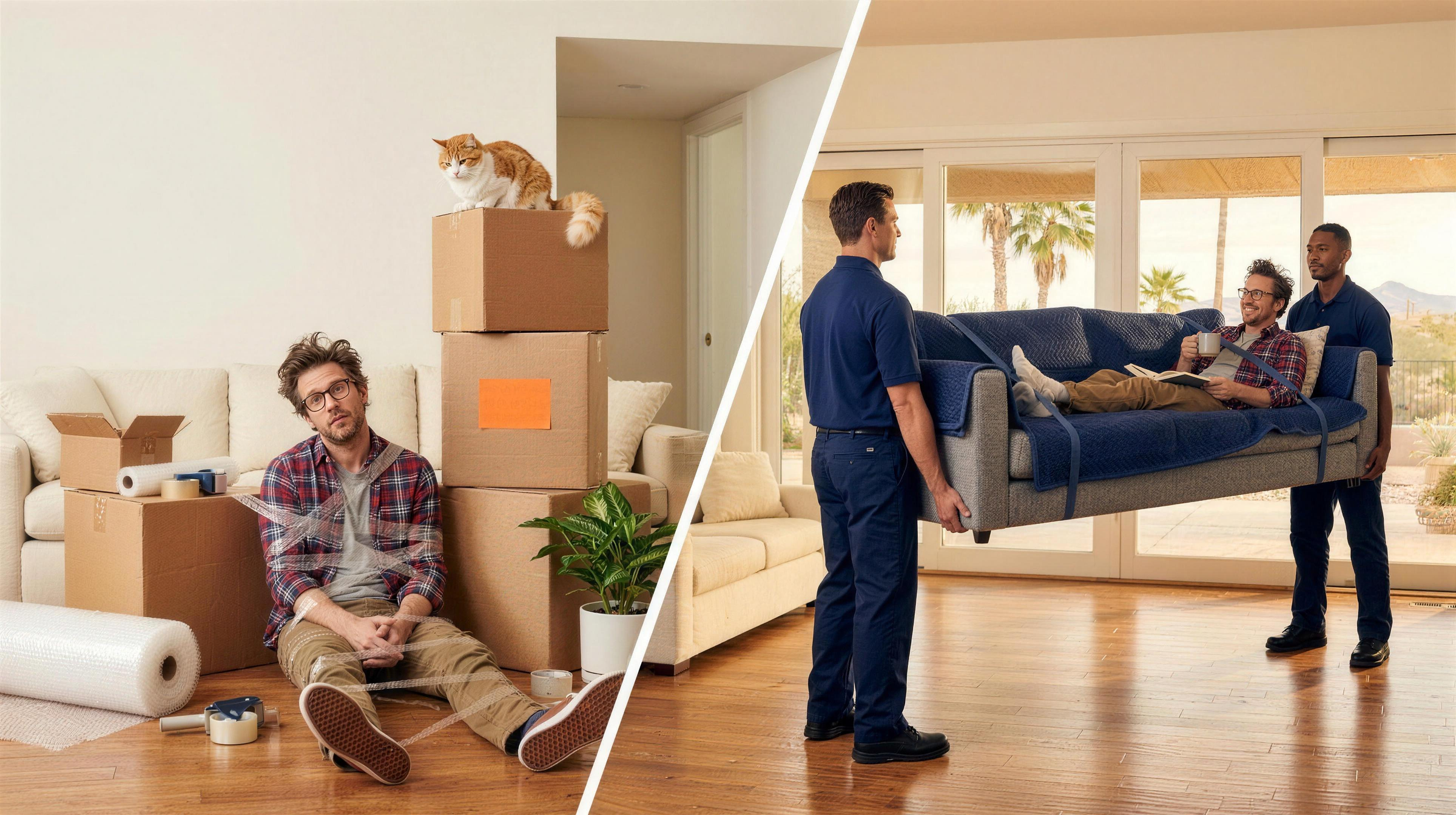 Premier movers in black uniforms carrying furniture into a bright modern home while the homeowner relaxes
